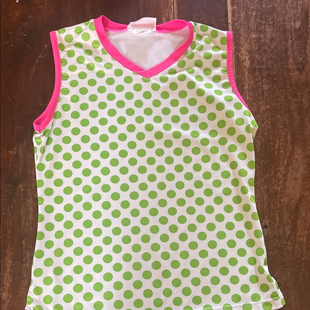 Little Miss Tennis Tank Top - Green Polka Dots with Pink Trim size Large